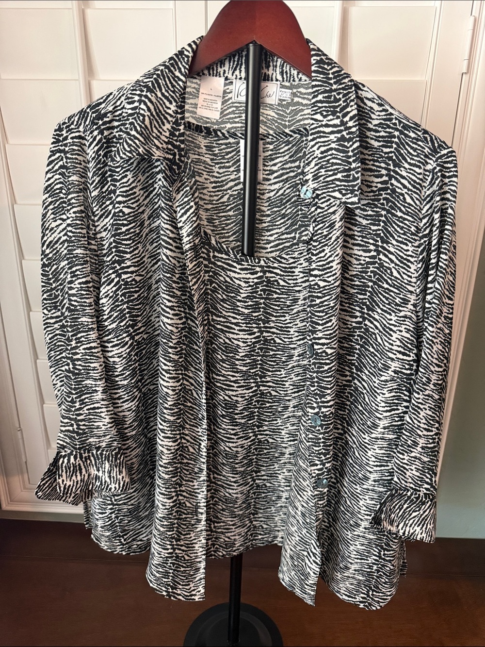 Kathy Che Black & Cream  Zebra-Print Button Down Blouse